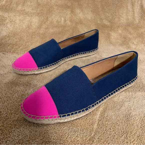 Women’s 9 1/2 J. CREW Navy Blue / Pink Cap Toe Canvas Espadrille Slip On Shoes - Picture 2 of 16